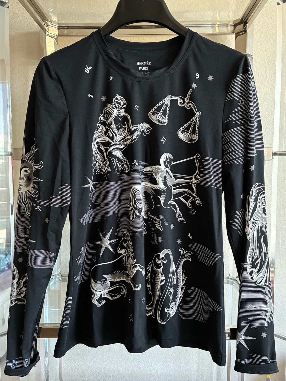 Hermès 44 Black Zodiac Print Long Sleeve Top